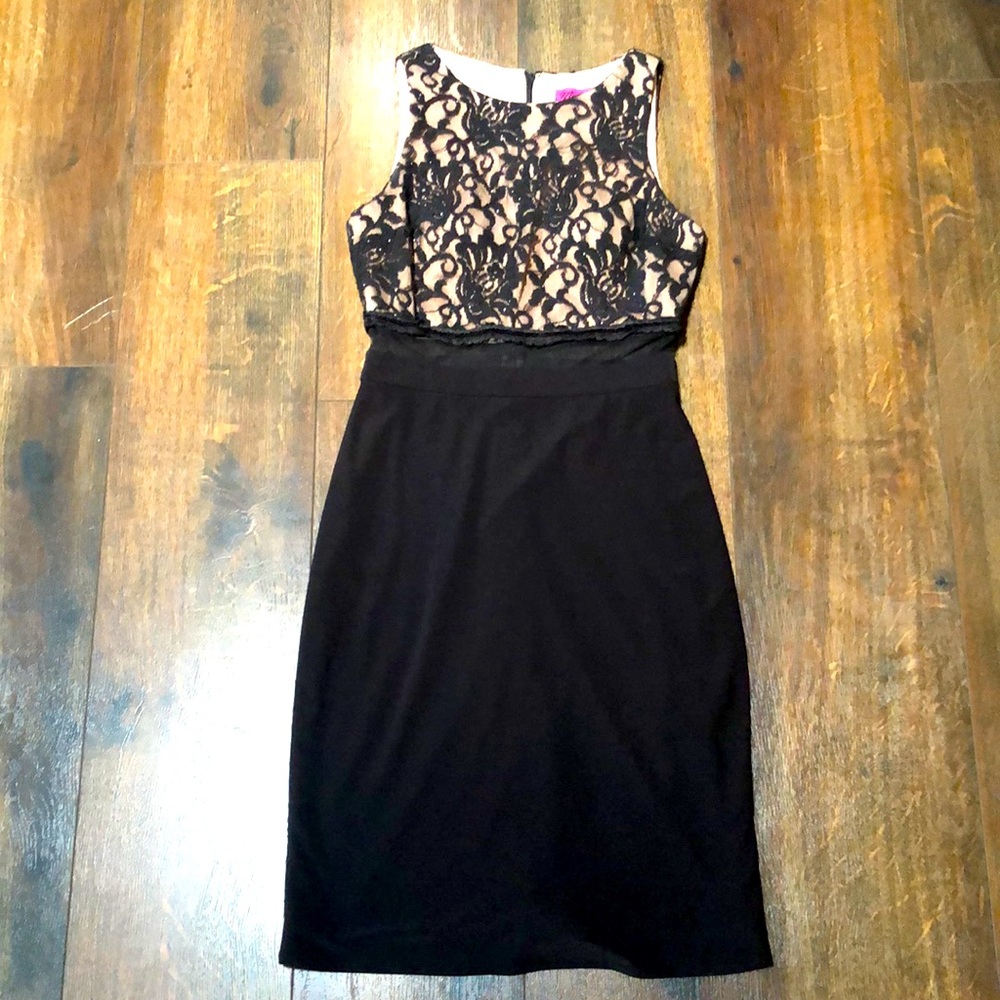 Black Lace over Pink with Sparkle Top, Mesh Middle, Fitted Semi-Formal Dress